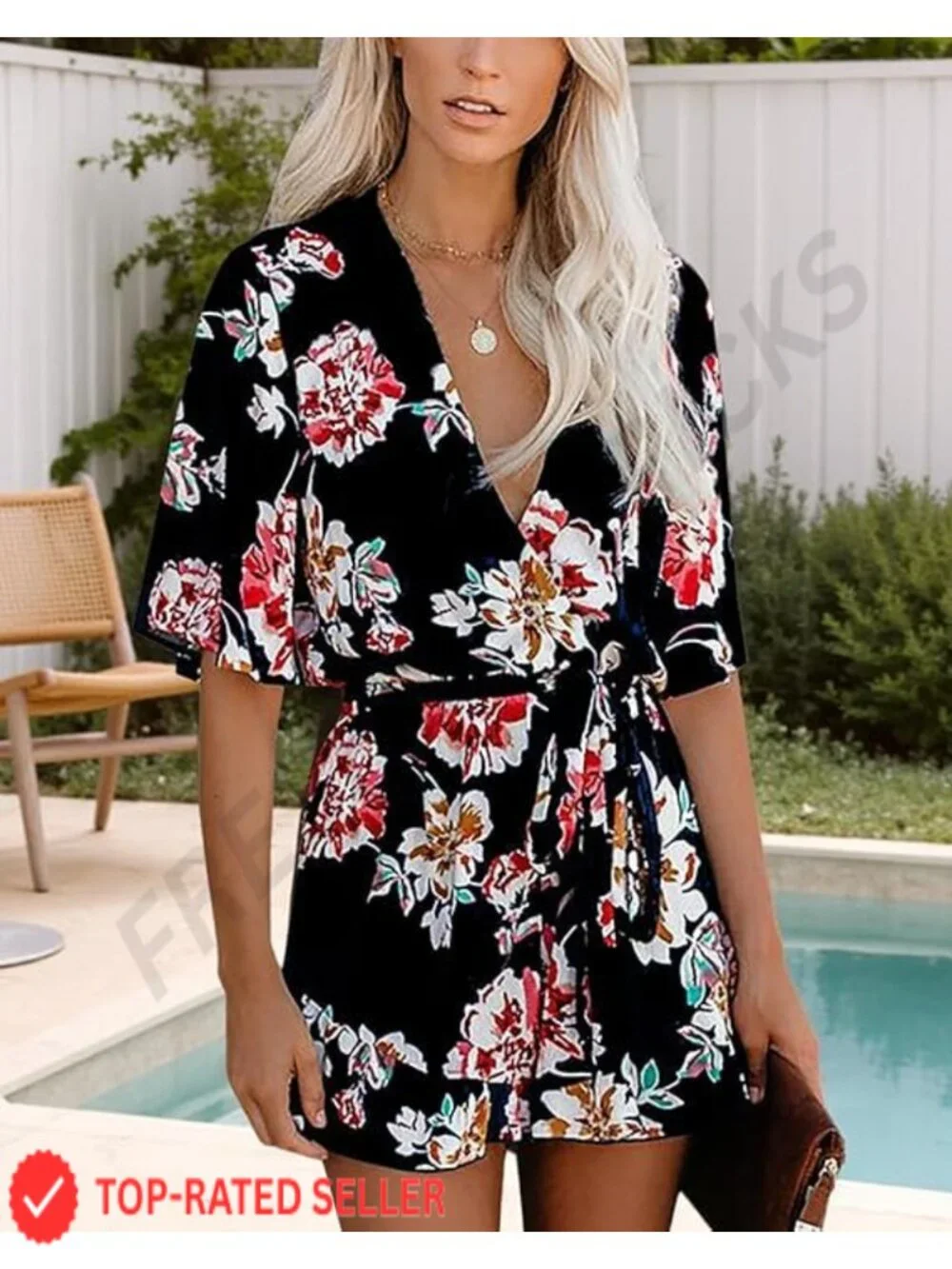 Women's Floral Romper V-Neck Flared Sleeve Tie Waist Ruffle Casual Jumpsuit